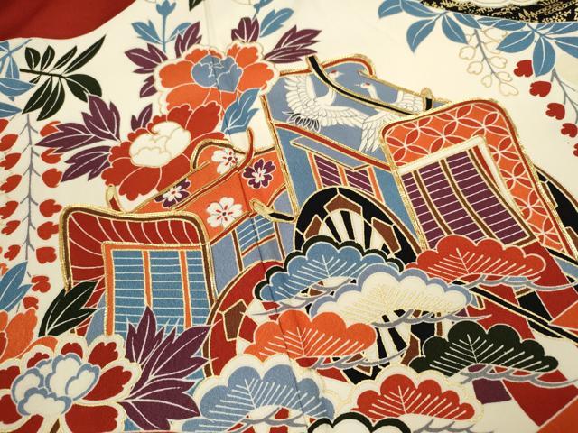 平和屋着物●豪華振袖　駒刺繍　御所車飛鶴吉祥花文　金彩　正絹　逸品　CABG2136ze