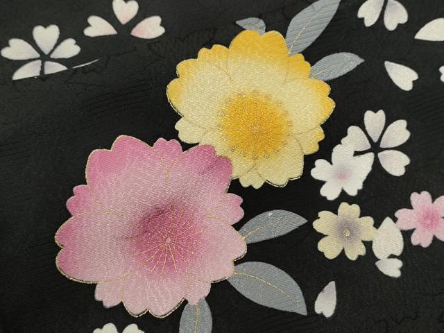 平和屋着物●豪華振袖　駒刺繍　鞠舞花文　暈し染め　黒地　金彩　やまと謹製　正絹　逸品　CABG2141ze
