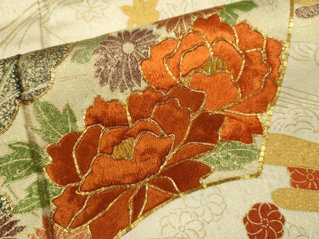 平和屋着物■訪問着 駒刺繍 地紙重ね草花文 金銀彩 正絹 逸品 CABG2178ze