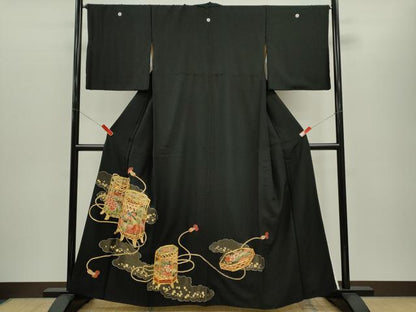 平和屋着物■豪華黒留袖 駒刺繍 貝桶吉祥花文 正絹 逸品 CABG2181ze