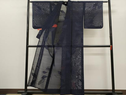 平和屋着物＊夏物　小紋　紗　舞葉文　銀糸　正絹　逸品　CABG2229ze