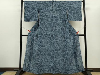 平和屋着物＊夏物　小紋　紬地　藍　更紗花鳥文　正絹　逸品　CABG2247ze