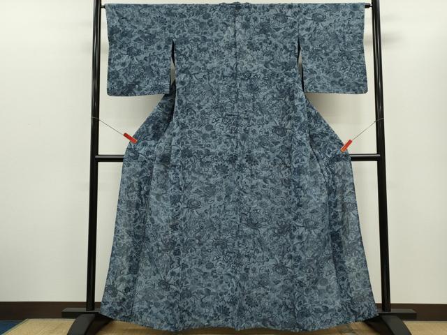 平和屋着物＊夏物　小紋　紬地　藍　更紗花鳥文　正絹　逸品　CABG2247ze