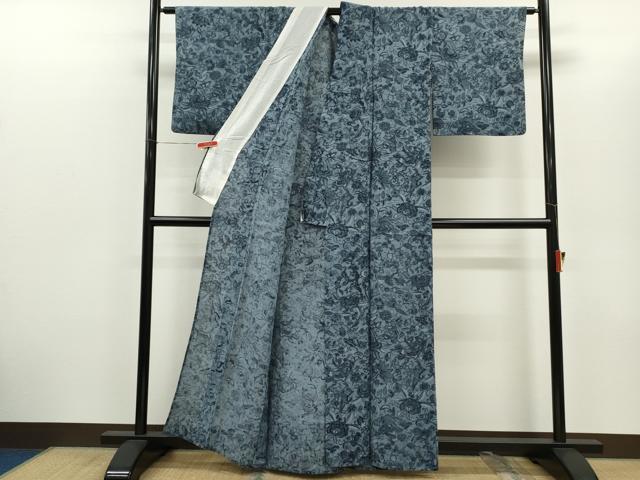 平和屋着物＊夏物　小紋　紬地　藍　更紗花鳥文　正絹　逸品　CABG2247ze