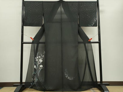 平和屋着物＊夏物 訪問着 絽 草花文 暈し染め 黒地 金彩 正絹 逸品 CABG2255ze