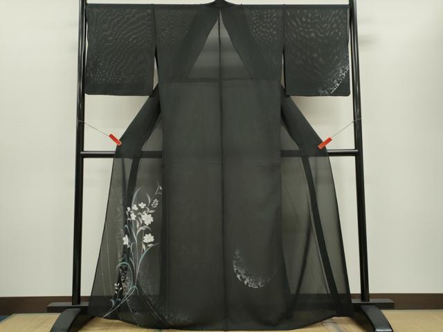 平和屋着物＊夏物 訪問着 絽 草花文 暈し染め 黒地 金彩 正絹 逸品 CABG2255ze