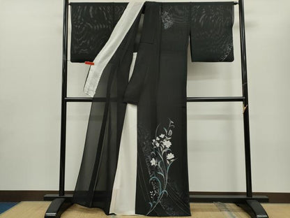 平和屋着物＊夏物 訪問着 絽 草花文 暈し染め 黒地 金彩 正絹 逸品 CABG2255ze