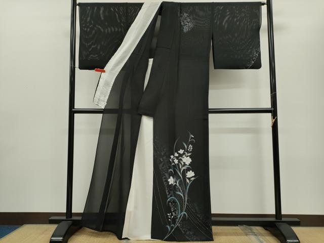 平和屋着物＊夏物 訪問着 絽 草花文 暈し染め 黒地 金彩 正絹 逸品 CABG2255ze