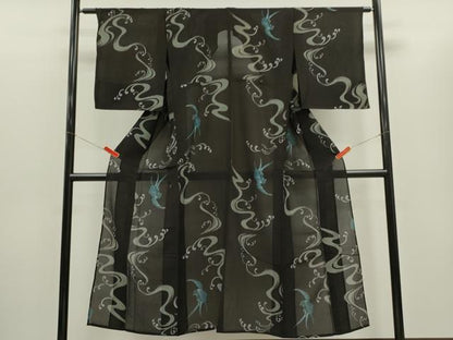 平和屋着物＊夏物 紗紬 立波鳥文 黒地 金彩 正絹 逸品 CABG2261ze