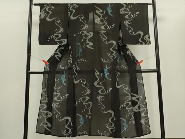平和屋着物＊夏物 紗紬 立波鳥文 黒地 金彩 正絹 逸品 CABG2261ze