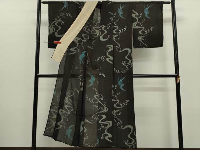 平和屋着物＊夏物 紗紬 立波鳥文 黒地 金彩 正絹 逸品 CABG2261ze