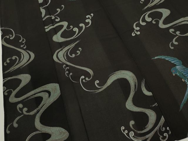 平和屋着物＊夏物 紗紬 立波鳥文 黒地 金彩 正絹 逸品 CABG2261ze