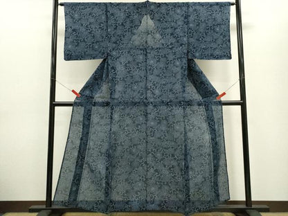 平和屋着物＊夏物　小紋　絹紅梅　藍　型染め　花唐草文　正絹　逸品　CABG2294ze
