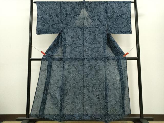 平和屋着物＊夏物　小紋　絹紅梅　藍　型染め　花唐草文　正絹　逸品　CABG2294ze