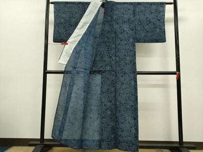 平和屋着物＊夏物　小紋　絹紅梅　藍　型染め　花唐草文　正絹　逸品　CABG2294ze