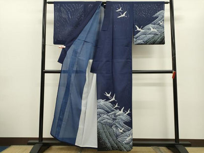 平和屋着物＊夏物　訪問着　絽　飛鶴立波鹿の子文　洗える着物　CABG2299ze