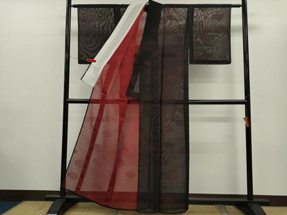 平和屋着物＊夏物　小紋　紗　吉祥文　黒地　正絹　逸品　CABG2305ze