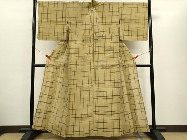 平和屋着物＊夏物　生紬　紗　格子柄　正絹　逸品　CABG2319ze