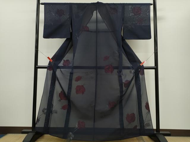 平和屋着物＊夏物　小紋　紗　バラ　銀糸　正絹　逸品　CABG2369ze