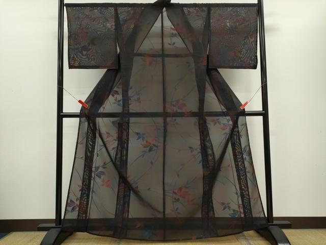 平和屋着物＊夏物　小紋　紗　枝葉文　正絹　逸品　未使用　CABG2393ze