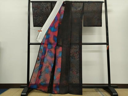 平和屋着物＊夏物　小紋　紗　枝葉文　正絹　逸品　未使用　CABG2393ze