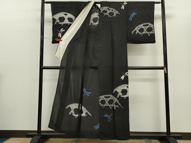 平和屋着物＊夏物　訪問着　絽　絞り　トンボ　籬文　黒地　正絹　逸品　CABG2400ze