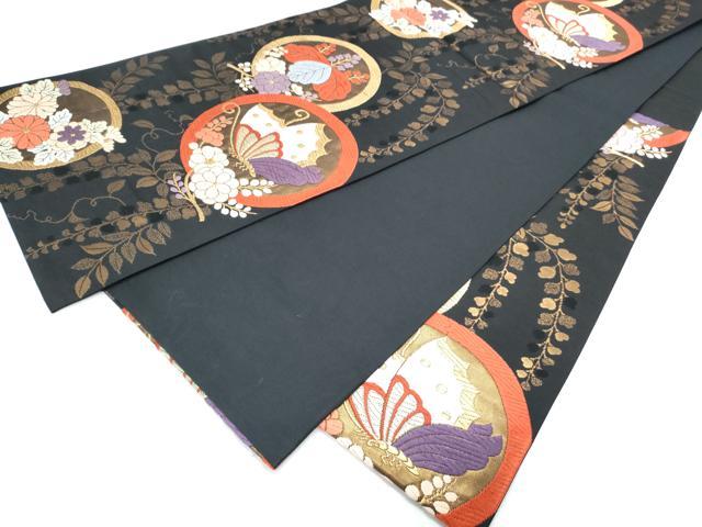 平和屋着物◎六通柄袋帯 唐織 花蝶丸文 黒地 金糸 正絹 逸品
