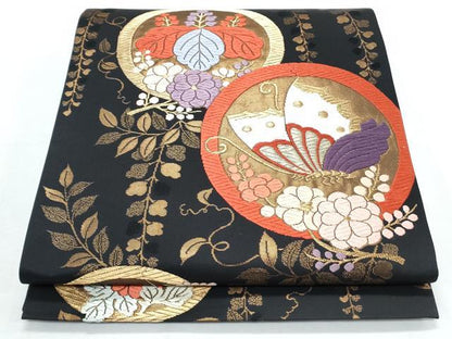平和屋着物◎六通柄袋帯　唐織　花蝶丸文　黒地　金糸　正絹　逸品　CABG2425th