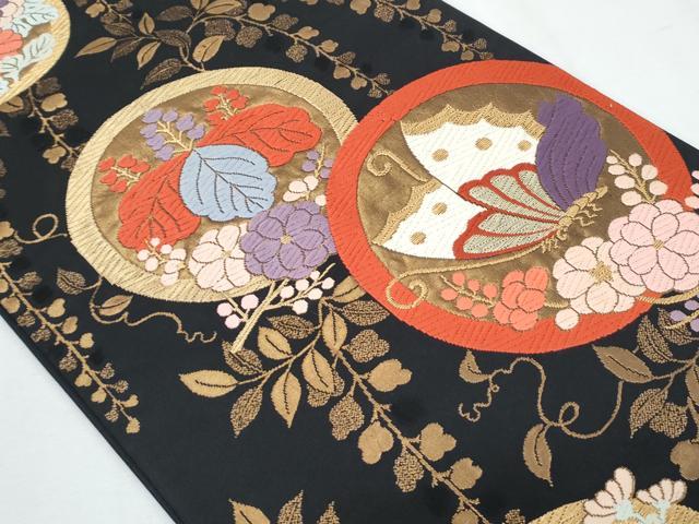 平和屋着物◎六通柄袋帯 唐織 花蝶丸文 黒地 金糸 正絹 逸品