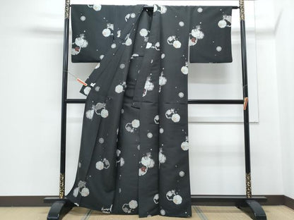 平和屋着物▽小紋　単衣　千鳥　雪輪花文　黒地　洗える着物　CABG2439th