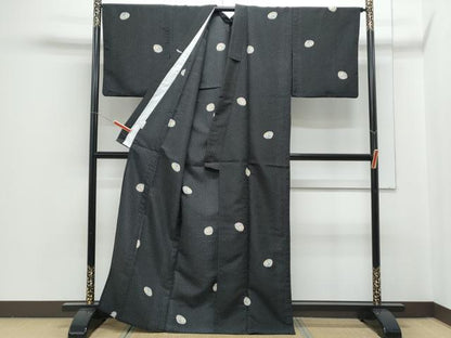 平和屋着物▽小紋　単衣　花丸文　黒地　洗える着物　CABG2455th