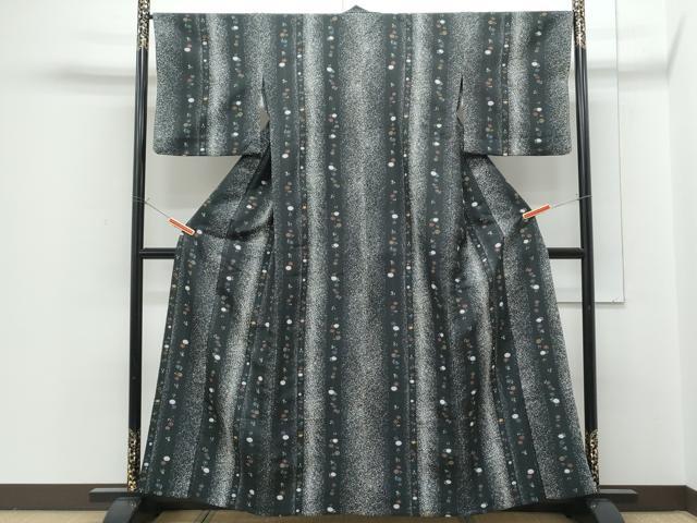 平和屋着物▽小紋　単衣　花間道　黒地　洗える着物　CABG2457th