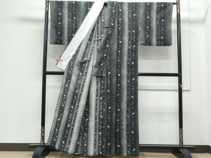 平和屋着物▽小紋　単衣　花間道　黒地　洗える着物　CABG2457th