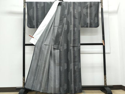 平和屋着物▽小紋　単衣　吉祥間道　黒地　洗える着物　CABG2458th