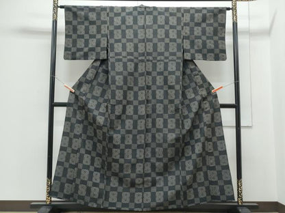 平和屋着物▽上質なお召　単衣　格子花文　黒地　正絹　逸品　CABG2459th