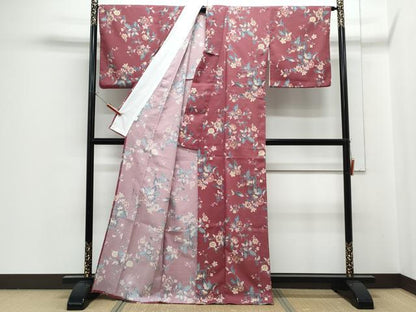 平和屋着物▽小紋　単衣　草花文　洗える着物　CABG2463th