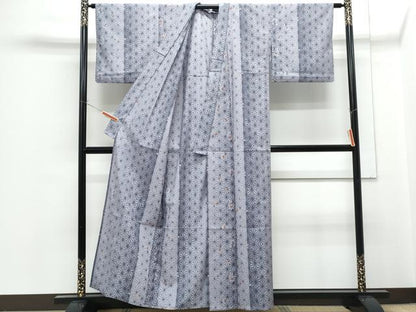 平和屋着物▽小紋　単衣　麻の葉花文　洗える着物　CABG2468th