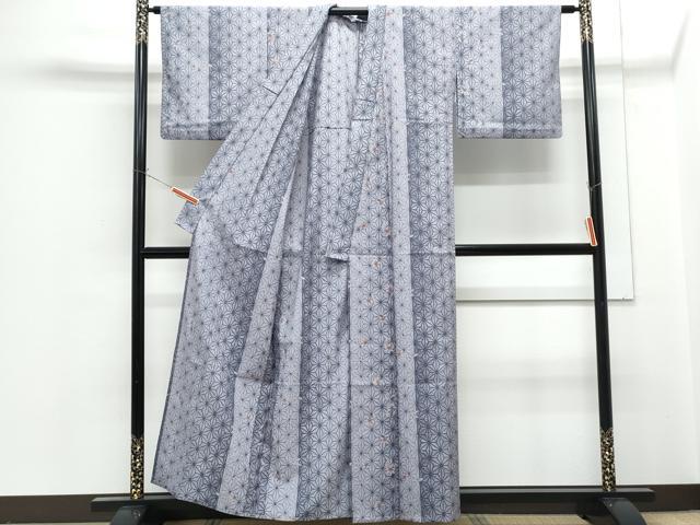 平和屋着物▽小紋　単衣　麻の葉花文　洗える着物　CABG2468th