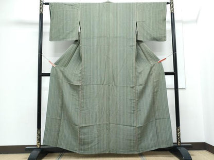 平和屋着物▽上質な小紋　単衣　縞　鬼しぼ縮緬　正絹　逸品　CABG2470th