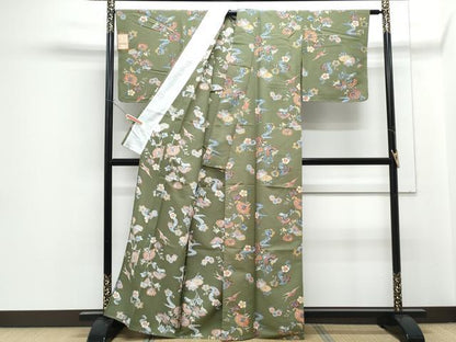 平和屋着物▽小紋　単衣　花鳥文　洗える着物　未使用　CABG2495th