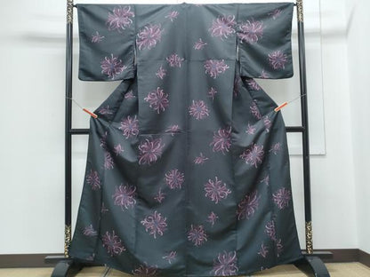 平和屋着物▽小紋　単衣　乱菊　黒地　洗える着物　CABG2517th