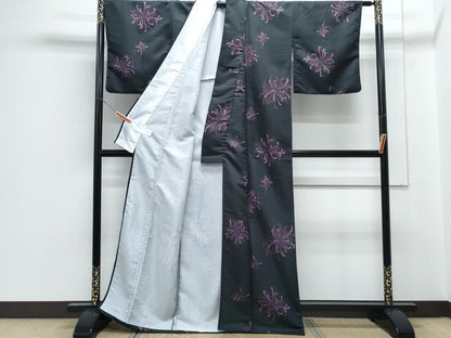 平和屋着物▽小紋　単衣　乱菊　黒地　洗える着物　CABG2517th