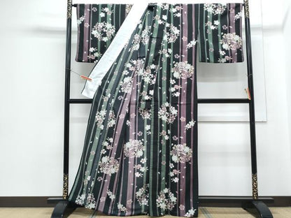 平和屋着物▽小紋　単衣　花丸文　黒地　洗える着物　CABG2524th