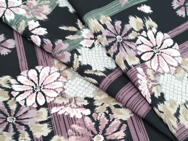 平和屋着物▽小紋　単衣　花丸文　黒地　洗える着物　CABG2524th