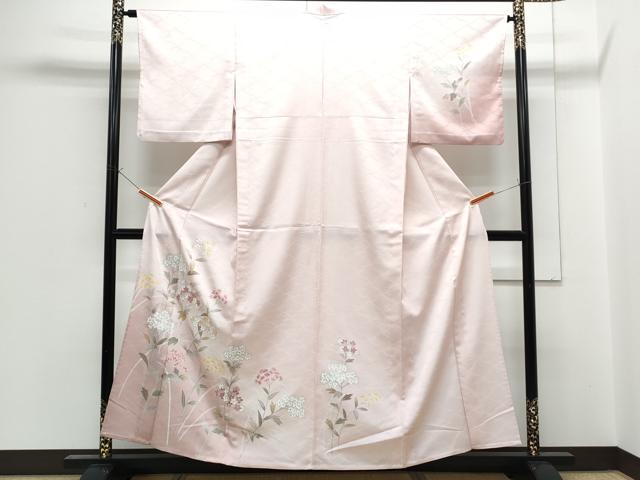 平和屋着物▽訪問着　単衣　草花文　銀彩　洗える着物　CABG2539th