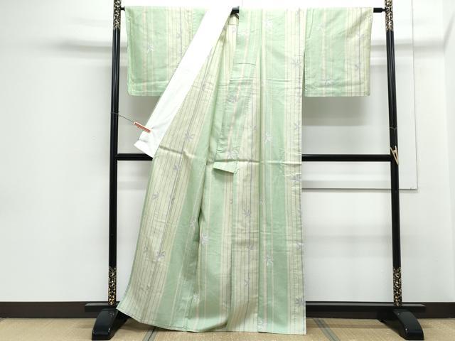 平和屋着物▽上質な紬　単衣　笹竹文　正絹　逸品　CABG2543th