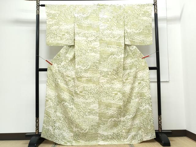 平和屋着物▽上質な小紋　単衣　風景草花文　鬼しぼ縮緬　三越扱い　正絹　逸品　CABG2546th