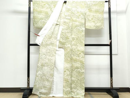 平和屋着物▽上質な小紋　単衣　風景草花文　鬼しぼ縮緬　三越扱い　正絹　逸品　CABG2546th
