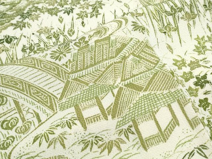 平和屋着物▽上質な小紋　単衣　風景草花文　鬼しぼ縮緬　三越扱い　正絹　逸品　CABG2546th