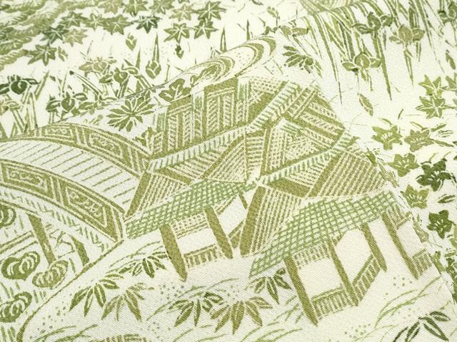 平和屋着物▽上質な小紋　単衣　風景草花文　鬼しぼ縮緬　三越扱い　正絹　逸品　CABG2546th